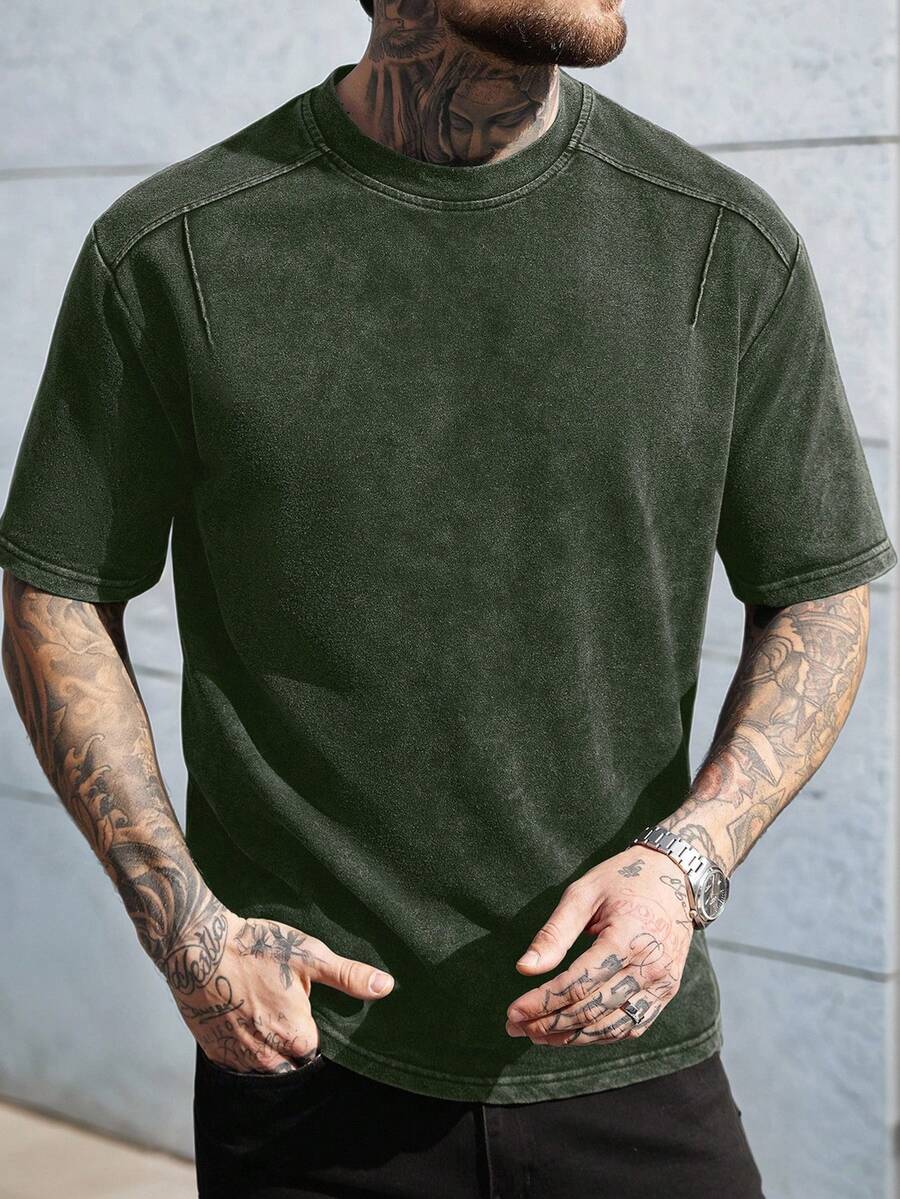 Manfinity CasualCool 男士休闲圆领短袖T恤，夏季 - 橄欖綠 - 查看 1