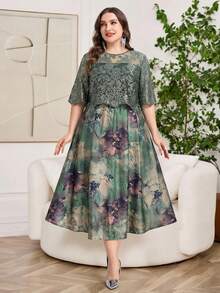 Reflora Đầm ren họa tiết hoa thanh lịch cỡ lớn, thích hợp cho mùa hè. - màu xanh lá - Xem 14