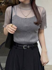 FRIFUL 女士网纱高领透视上衣，秋季叠穿单品 - 灰色 - 查看 3