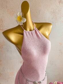 Elamini Y2K Damen Frühling/Sommer Insel Strand Mode Pailletten Quasten Dekor Neckholder Rückenfreies Bodycon Strickkleid - Pink - Übersicht 6
