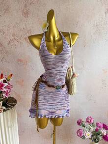 SHEIN SunnyBelle Y2K Women's Spring/Summer Island Vacation Beach Sexy Slimming Ombre Floral Mesh Knit Dress - Multicolor - View 1