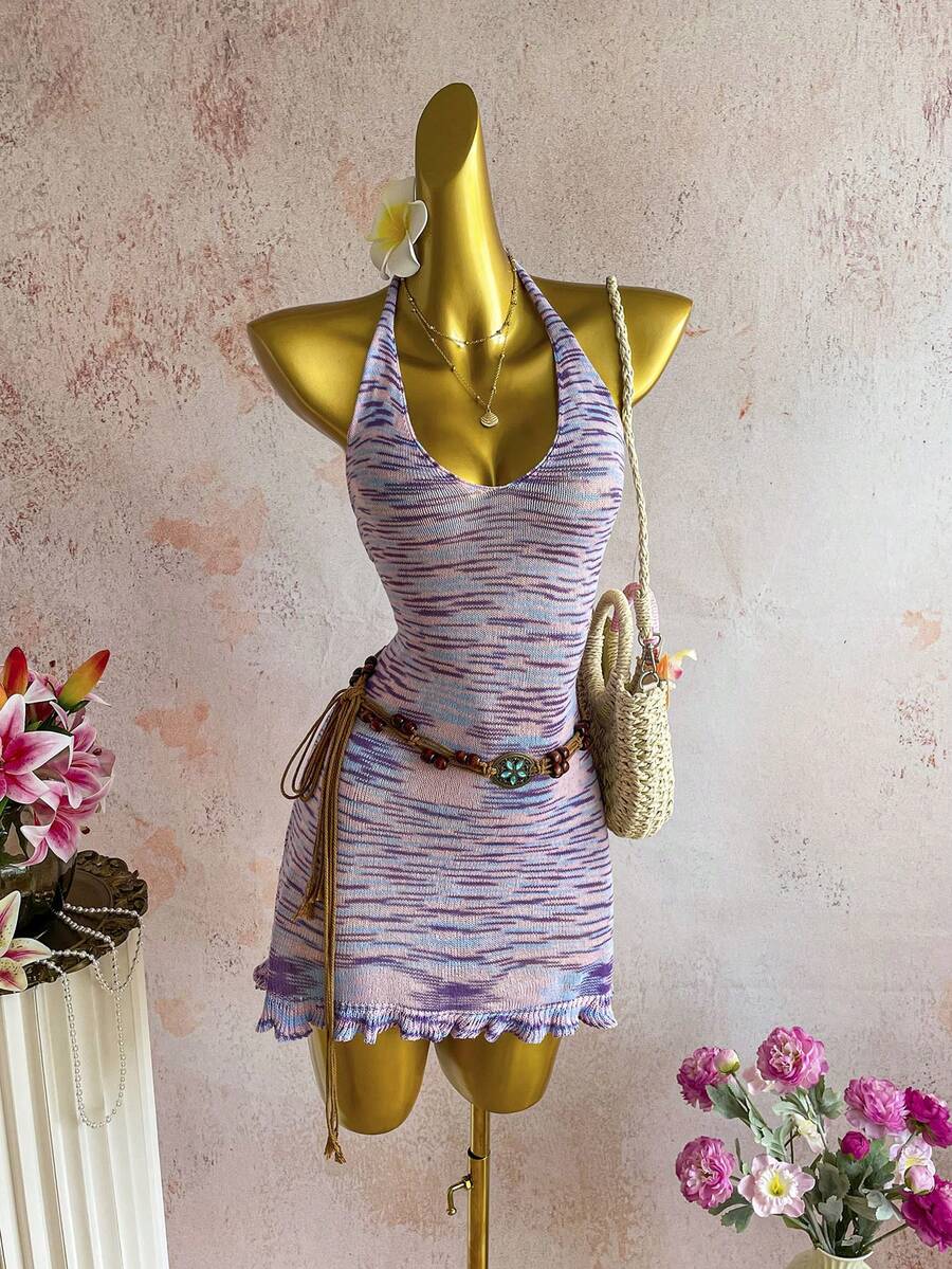 SHEIN SunnyBelle Y2K Women's Spring/Summer Island Vacation Beach Sexy Slimming Ombre Floral Mesh Knit Dress - Multicolor - View 1