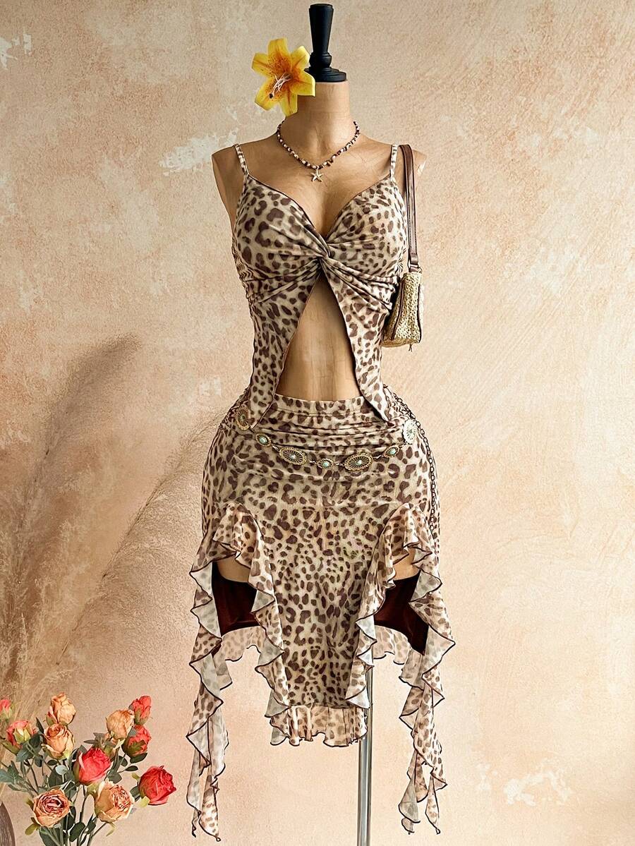 Soleia 女士豹纹扭结设计开衩吊带背心和不对称下摆迷你裙两件套 - 彩色 - 查看 1