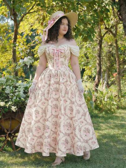 SHEIN MOD Plus Size Women's Off Shoulder Floral Maxi Dress With Bow Knot & Ruffle Detail, Elegant Pink Flowy Spring Summer Dress For Wedding Guest, Party, Holiday And Daily Dating