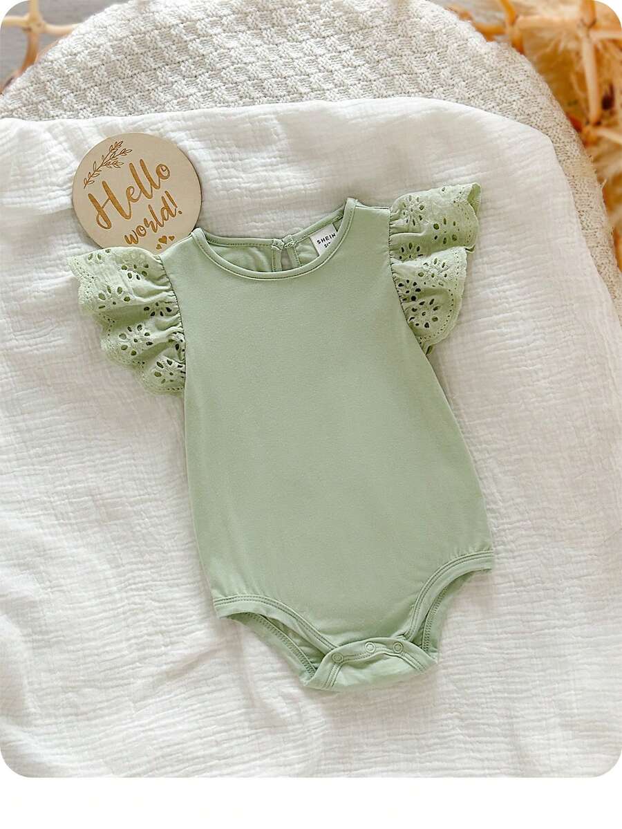 新生女宝宝可爱针织白色短袖连体衣，休闲夏季款 - 綠色 - 查看 1