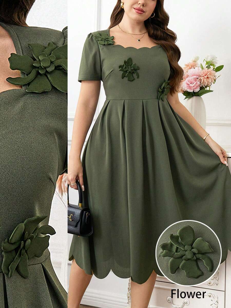 Reflora 大码优雅女士连衣裙，方领饰贝壳边，纯色 - 綠色 - 查看 1