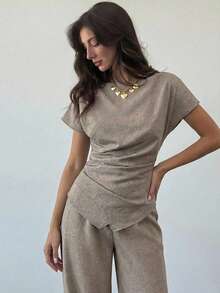 Aloruh Conjunto de blusa de manga corta con cuello de barco y cintura fruncida, y pantalones con bajo asimétrico, en color caqui, para otoño/invierno - Caqui - Ver 6