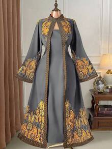 Rometta 大码女式优雅度假风印花高领喇叭袖修身连衣裙（忧郁气质）（周三美学） - 彩色 - 查看 1