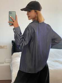 DAZY Camisa casual de manga larga y unicolor para mujer, azul - Azul - Ver 2