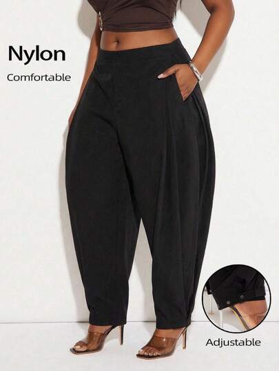 SHEIN SXY Plus Size Black Nylon Windbreaker Fabric, With Side Pleated Adjustable Waist Cap And Inflatable Balloon-Shaped Drawstring Pants, Suitable For Commuting Fashionable, Elegance, Sexy, Valentine's Day, Wedding Guest, Vintage, Party, Spring, Gown For Prom Night, Prom, Going Out, Vintage, Spring To Summer, Elegant For Women, Holiday , Casual For Women, Valentine's Day, Festival , Spring Women, Summer Holidays. Street Style