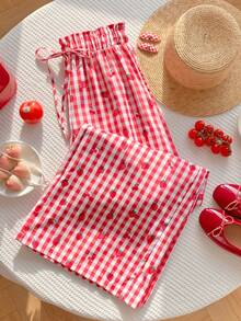 SHEIN EZwear 女士红色格子梭织阔腿裤 - 紅色 - 查看 3