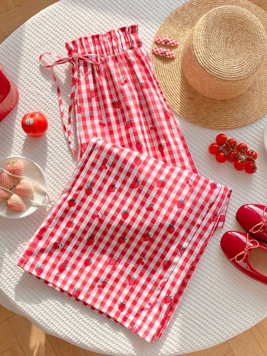 SHEIN EZwear 女士红色格子梭织阔腿裤 - 紅色 - 查看 1