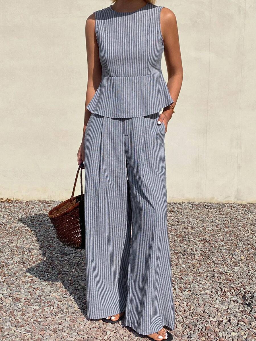 DAZY Conjunto casual de 2 piezas de top sin mangas con volantes en el bajo y pantalones de pierna ancha a rayas para mujer - Gris - Ver 1