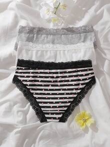 Teen Girl 3pcs Striped & Heart Print Lace Trim Brief - Multicolor - View 2