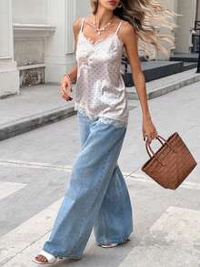 Pariaura 女士缎面波点印花蕾丝边休闲吊带衫 - 藕粉色 - 查看 4