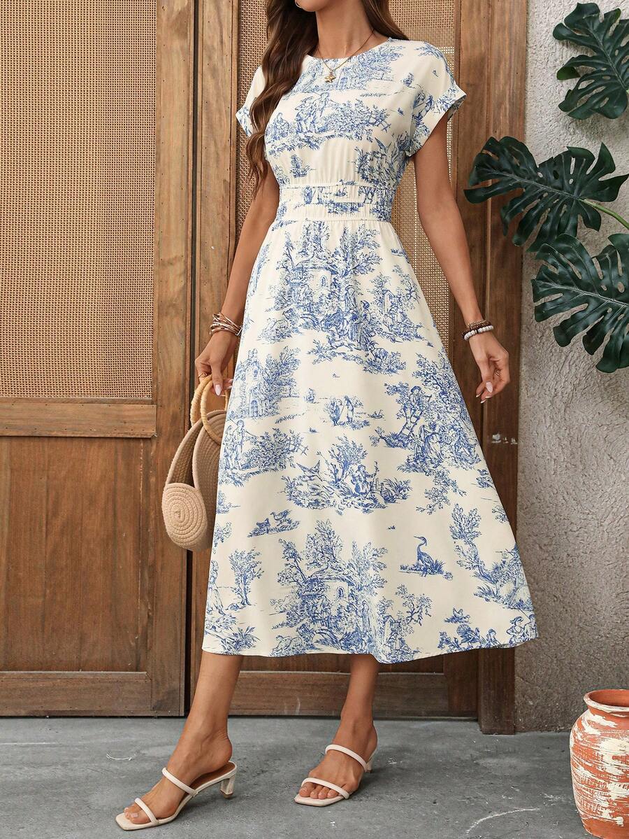 EMERY ROSE Đầm dài dự tiệc thanh lịch cổ tròn xếp ly in họa tiết dành cho nữ - Xanh và trắng - Xem 1