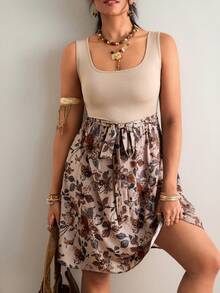 SHEIN VCAY Đầm hoa phối nhiều mảnh dành cho nữ cỡ lớn - Màu Khaki - Xem 6