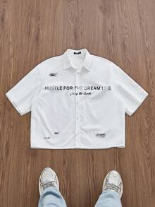 Manfinity ZONE917 Box-Cut Distressed Print Short Sleeve Shirt, Streetwear Style, Gift For Friends - White - View 5