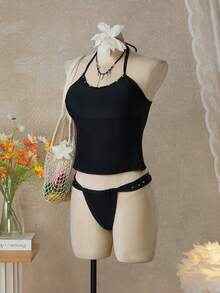 Swim Glamine 女士纯色铆钉装饰露背吊带上衣和三角泳裤套装 - 黑色 - 查看 10