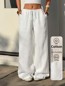 Muchica Women's White Crepe Knit Drawstring Casual Pants With Slanted Pockets Summer Holidays Spring Women Summer Vacations - White - View 1