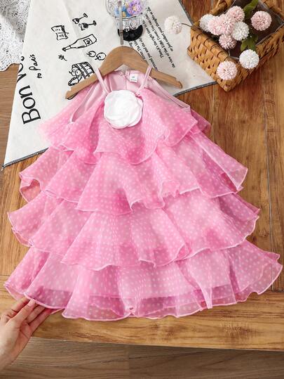 2026春夏女童3D立体花朵层叠蛋糕仙女裙，甜美粉色
