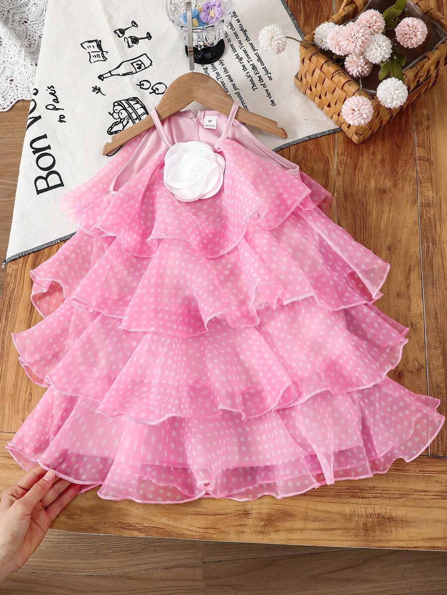 2026春夏女童3D立体花朵层叠蛋糕仙女裙，甜美粉色 - 粉色 - 查看 1