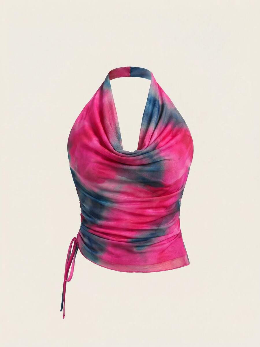 BELROSIE Tie Dye Draped Front Halter Top - Pink - View 1
