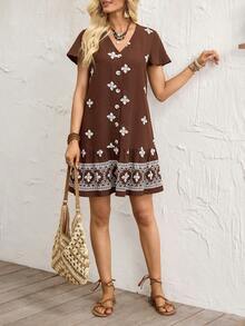Breezaya Women's Boho Brown Floral Embroidered Dress,Summer V-Neck Short Sleeve A-Line Loose Fit Vacation Beach Dress,Elegant Party Holiday Outing Dresses - Brown - View 6