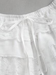 Sweetra Áo croptop mùa hè thanh lịch kiểu Pháp, đa năng, phối ren và voan tinh tế, gợi cảm, nữ tính, màu trắng tinh khiết, thiết kế xếp lớp, eo thấp, dáng nhỏ nhắn, nữ tính. - trắng - Xem 6