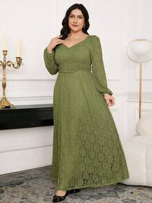 Modelyn Plus Size Elegant Party Solid Color Lace Dress Fall - Green - View 6