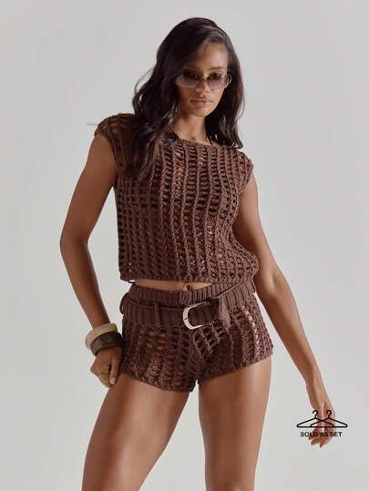 MUSERA Slash Neck Square Crochet Loose Fit Top With Belted Low Rise Crochet Fitted Mini Shorts Coord Sold Together Cute Beach Coverup Summer Spring Holiday Going Out Swim Sexy Crochet Knit