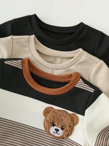 SHEIN Bộ 3 áo thun ngắn tay in hình gấu và sọc dễ thương cho bé trai, kiểu dáng thường ngày, thích hợp mặc mùa xuân/hè. - màu nâu - Xem 6