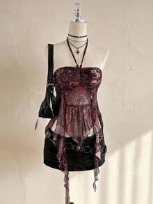 Attitoon Burgundy Summer Paisley Printed Knit Mesh Beaded Spaghetti Strap Camisole Top,Boho Women's Vacation Corset Gothic Top,Festival Chic Daily Wear Tops - Coffee Brown - View 2