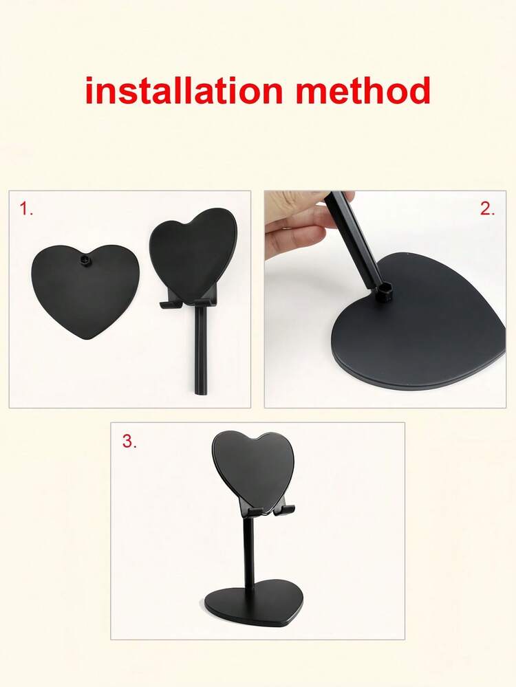 Heart Shaped Phone Stand Holder Desktop Compatible With IPhone Android Cute Cellphone Mount Romantic Couple Gift For Birthday Valentine's Day Christmas Home Office Desk Accessories Universal - Black - View 6