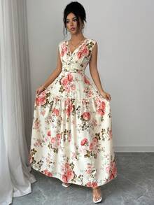 GlowEve 女士花卉褶裥中长连衣裙，浪漫法式设计，褶裥下摆，收腰设计，修身剪裁，性感V领，适合约会、派对等场合，可搭配外套，优雅休闲，适合夏季、办公室、度假穿着。 - 彩色 - 查看 4