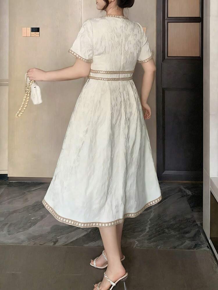 Dazy Plus Plus Size Women Elegant Party Dress, Short Sleeve, Round Neck, Patchwork, Spring/Summer Sundress
