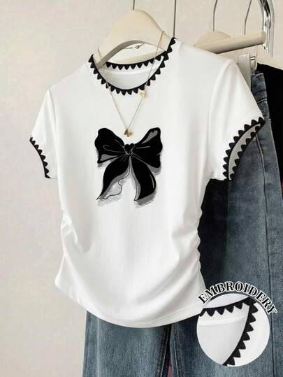 Resyla เสื้อยืดกราฟิกสำหรับผู้หญิง, ลายปักฟันสุนัข, ฤดูเปิดเทอม, ลายพิมพ์ผีเสื้อ, สินค้ามาใหม่สำหรับฤดูร้อน, เอวเข้ารูป, สีขาว, สวมใส่ได้หลากหลายและสง่างาม, สำหรับใส่ทำงานและลำลอง