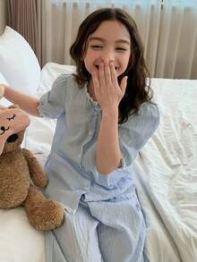 DAZY 少女泡泡袖纽扣上衣和裤子睡衣套装 - 綠色 - 查看 6