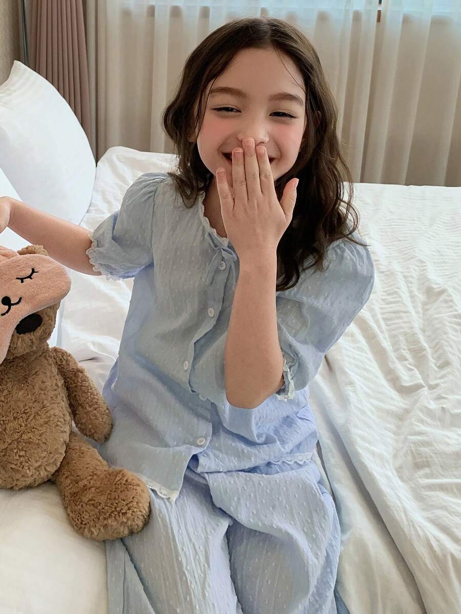 DAZY 少女泡泡袖纽扣上衣和裤子睡衣套装 - 綠色 - 查看 1