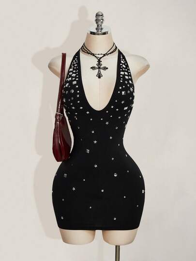 SHEIN ICON Y2k 女士黑色哥特风派对露背性感铆钉装饰露背吊带迷你连衣裙，夏季