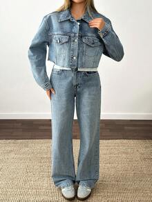 SHEIN Dark Washed Denim Crop Jacket And Straight Jean Set 2 Pieces Denim Sets Woman Woman Suit Denim Outfit Women Denim Two Piece Jean Two Piece Set Rave - Dark Wash - View 5
