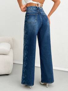 Women Flower Print Washed High Waist Straight Denim Jeans - Dark Wash - View 2