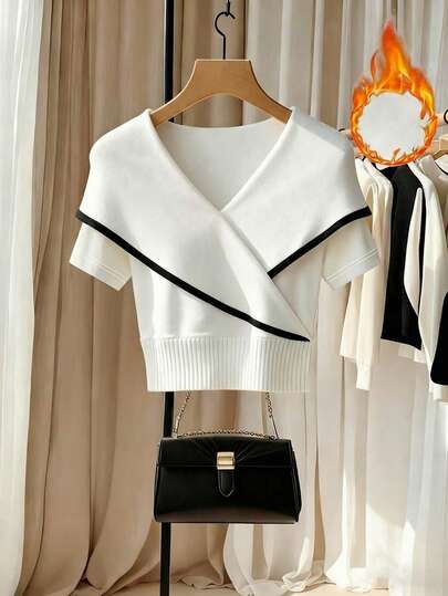 Franclia V领针织修身不对称拼接时尚海军蓝上衣，可单穿或作为内搭，撞色短袖T恤，女士春夏款