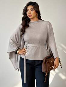 Auralis 新款柔软舒适加大码斗篷上衣/宽松优雅通勤休闲舒适法式风家居/办公斗篷，腰部系带可调节，适合春、秋、四季穿着/舒适宽松加大码披肩上衣/围巾式设计，腰部可调节，下摆收紧/适合因天气原因在办公室穿着。蝙蝠袖上衣、灯笼袖上衣、喇叭袖上衣、蝴蝶袖上衣，春夏女装上衣 - 卡其色 - 查看 4