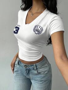 Attitoon 大码休闲简约数字印花V领短袖T恤 - 白色 - 查看 4