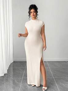 Elenzga 女士优雅短袖高领修身开衩连衣裙 - 杏色 - 查看 3