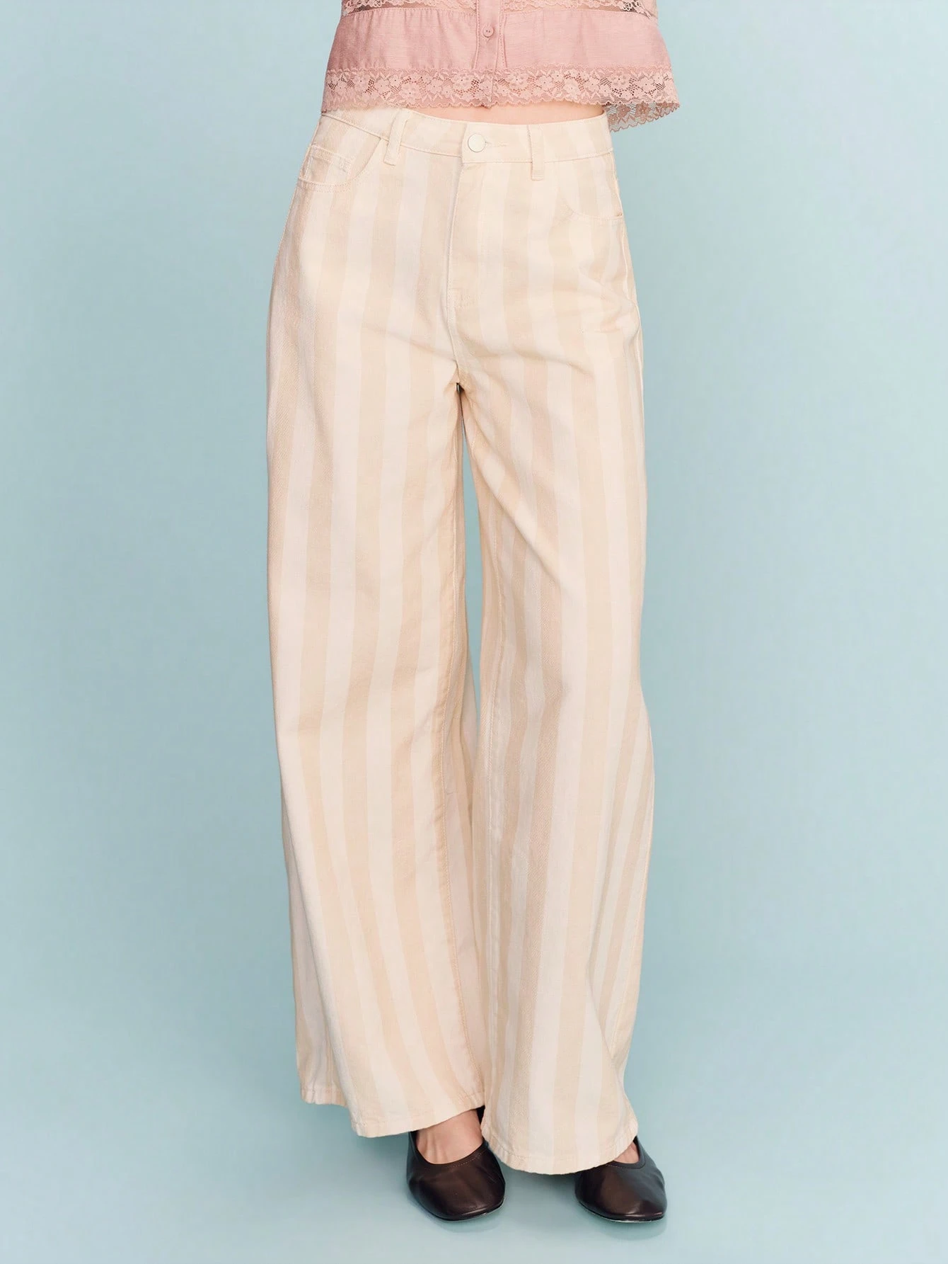 Beige gestreifte Jeans mit hoher Taille und weitem Bein für Frühling und Sommer