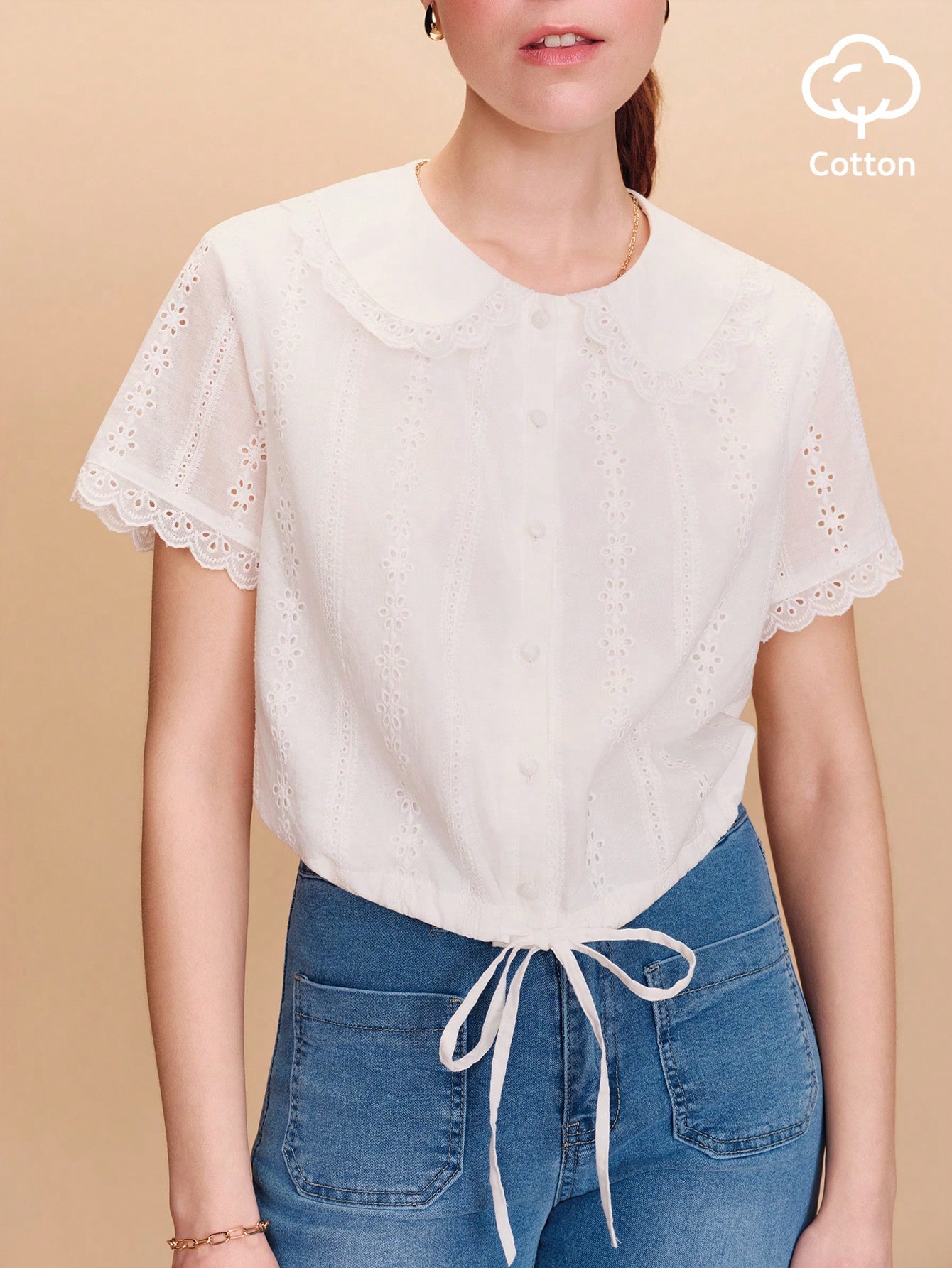White Cotton Vintage Embroidered Cropped Blouse With A Peter Pan Collar And Waist Tie Spring Summer Cotton Top Spring Summer Vacation Office French Style Parisian Style Elegant Top White Cotton Blouse