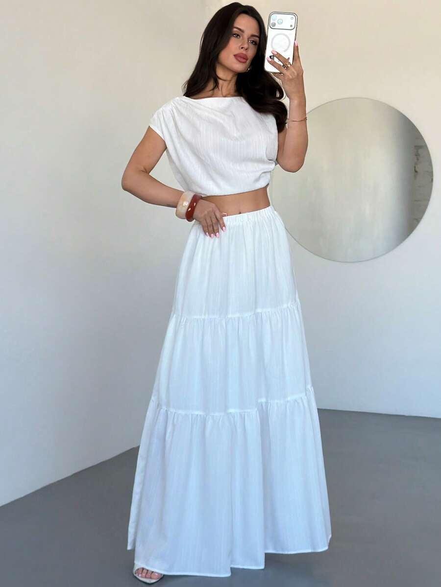 Firerie Women's New White Pleated Cropped Top And Layered Long Skirt Set, Summer White Vacation Midi Skirt Set, Elastic Waist Long Skirt Set, Bohemian Style Set, Spring Summer Outfit, Elegant, Commute, Date, Boho, Vacation, Beach, Skirt Set, Ladies 2-Piece - White - View 1