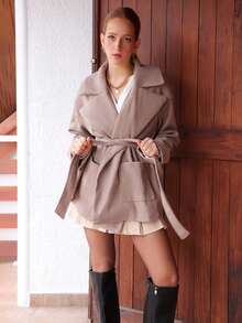 SILVIA DI SANTO Fall Women Clothes, Women's Thick Khaki Turndown Collar Pocket Loose Overcoat, Suitable For Autumn/Winter, - Khaki - View 3